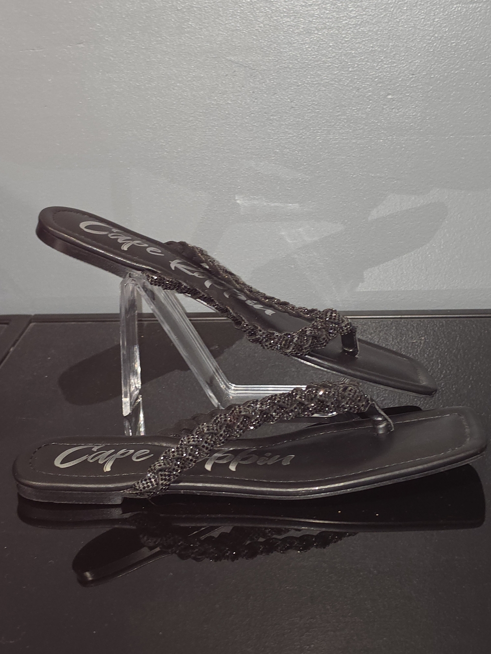 Cape Robbin Corey Black Braided Sequin Square Toe Thong Sandals Womens Size 9